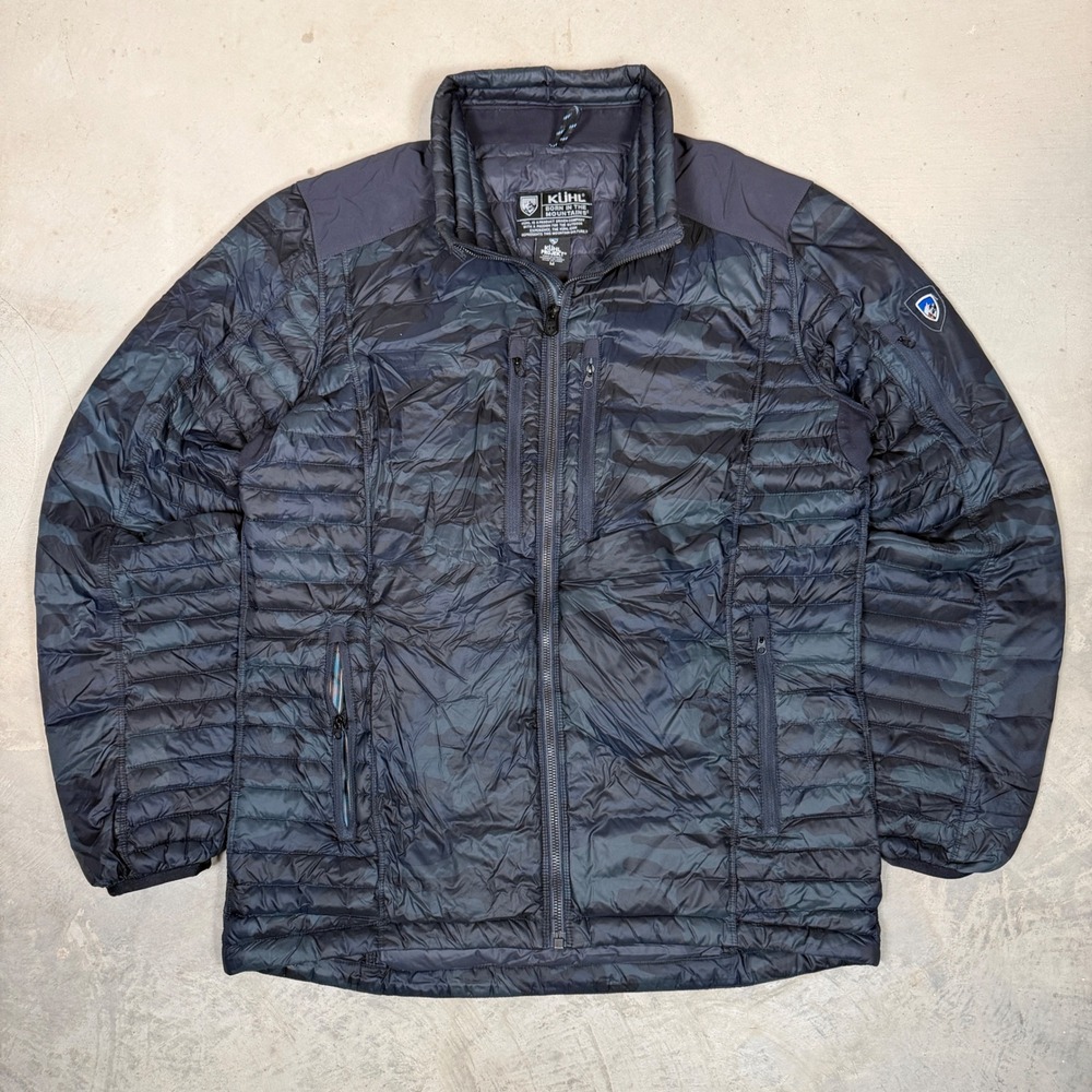 Kuhl Projekt spyfire Camo Puffer Jacket Navy Grey Quilted Outdoor Coat Size M